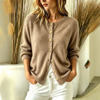 Crew Neck Gold?Button Ribbed Knit Cardigan