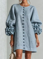Blush Pink Fabric Floral Appliqué Balloon‑Sleeve Shift Mini Dress