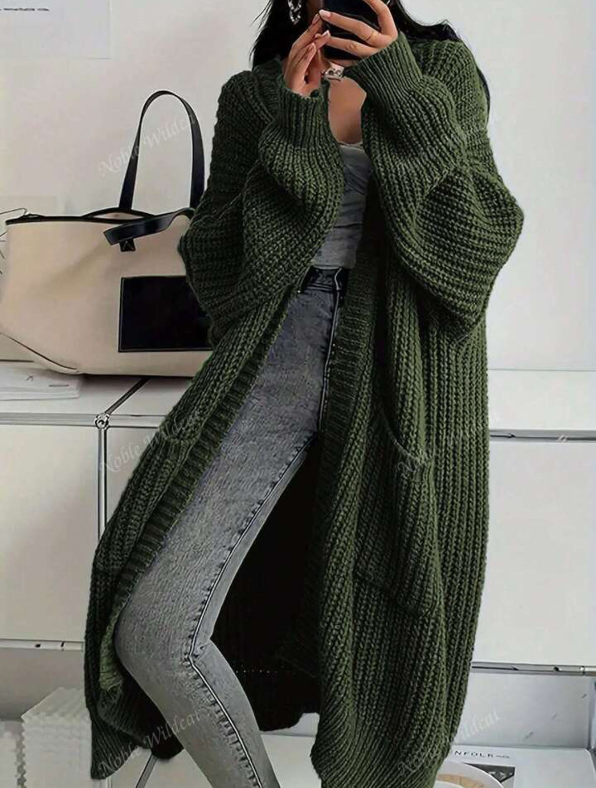 Women's Solid Chunky Knit Open Front Oversized Long Cardigan With Pockets
