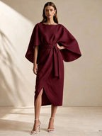 Cape Sleeve Belted Wrap Midi Dress