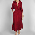 Collared Waist‑Tab Shirt Maxi Dress