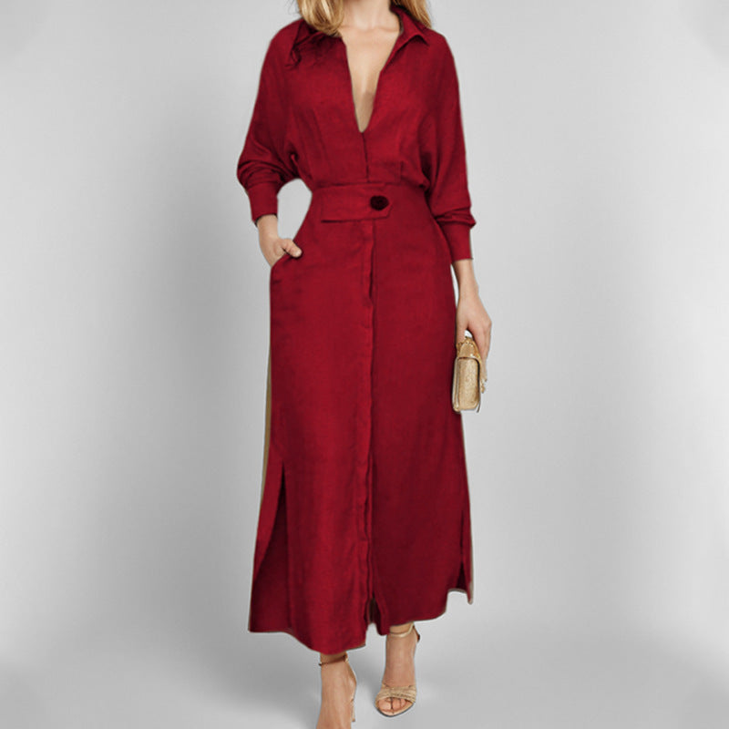 Collared Waist‑Tab Shirt Maxi Dress