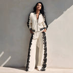 Bomber Jacket & Wide?Leg Pants Two?Piece Set with Black Lace Trim