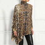 Leopard Sequin Turtleneck Asymmetric Draped Long Sleeve Loose Blouse Top