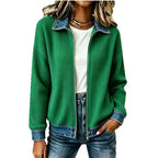 Ribbed Knit Zip Jacket with Denim Trim
