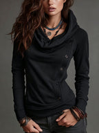Women Cowl Neck Hooded Sweatshirt Asymmetric Button Long Sleeve Slim Fit Hoodie