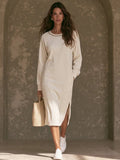 Cream Ribbed Knit Crew?Neck Raglan Sleeve Side?Slit Midi Sweatshirt Dress