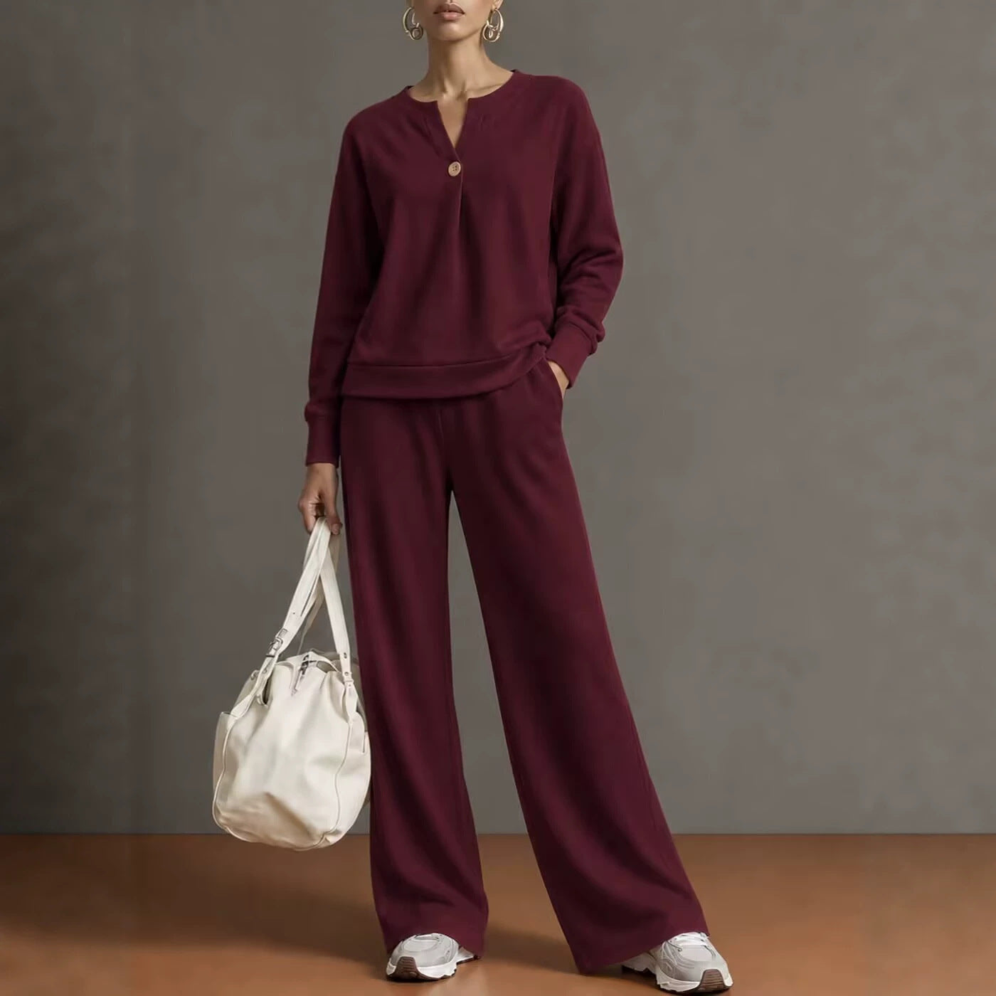 Women's Notch‑Neck Button Long‑Sleeve Top & Wide‑Leg Pants Two‑Piece Loungewear Set