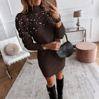 Turtleneck Pearl?Embellished Puff?Sleeve Knit Mini Dress