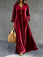 Women's V‑Neck Velvet Ruffle Cuff Maxi Dress