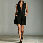 Linen Stand Collar Half Zip Sleeveless Pocket Mini Shift Dress