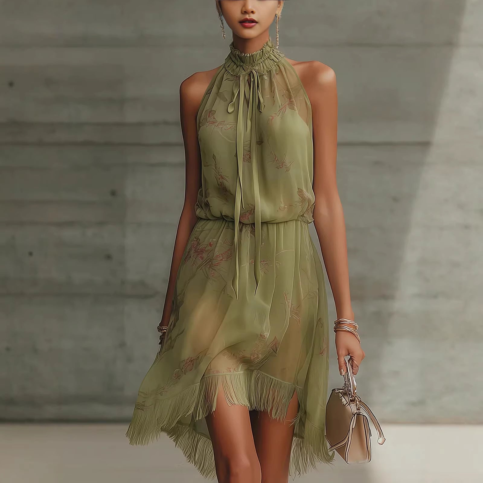High-Neck Floral Chiffon Fringe Mini Dress