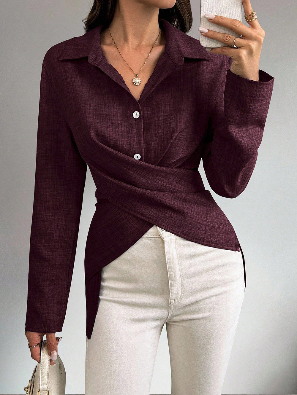 Multi?Way Wrap?Tie Long?Sleeve Linen Blend Shirt