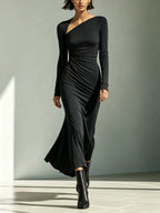 Women's Solid Rust-Red Asymmetric Ruched Long-Sleeve Maxi Dress