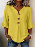 Linen Blend Notch V-Neck Ruffle Sleeve Blouse