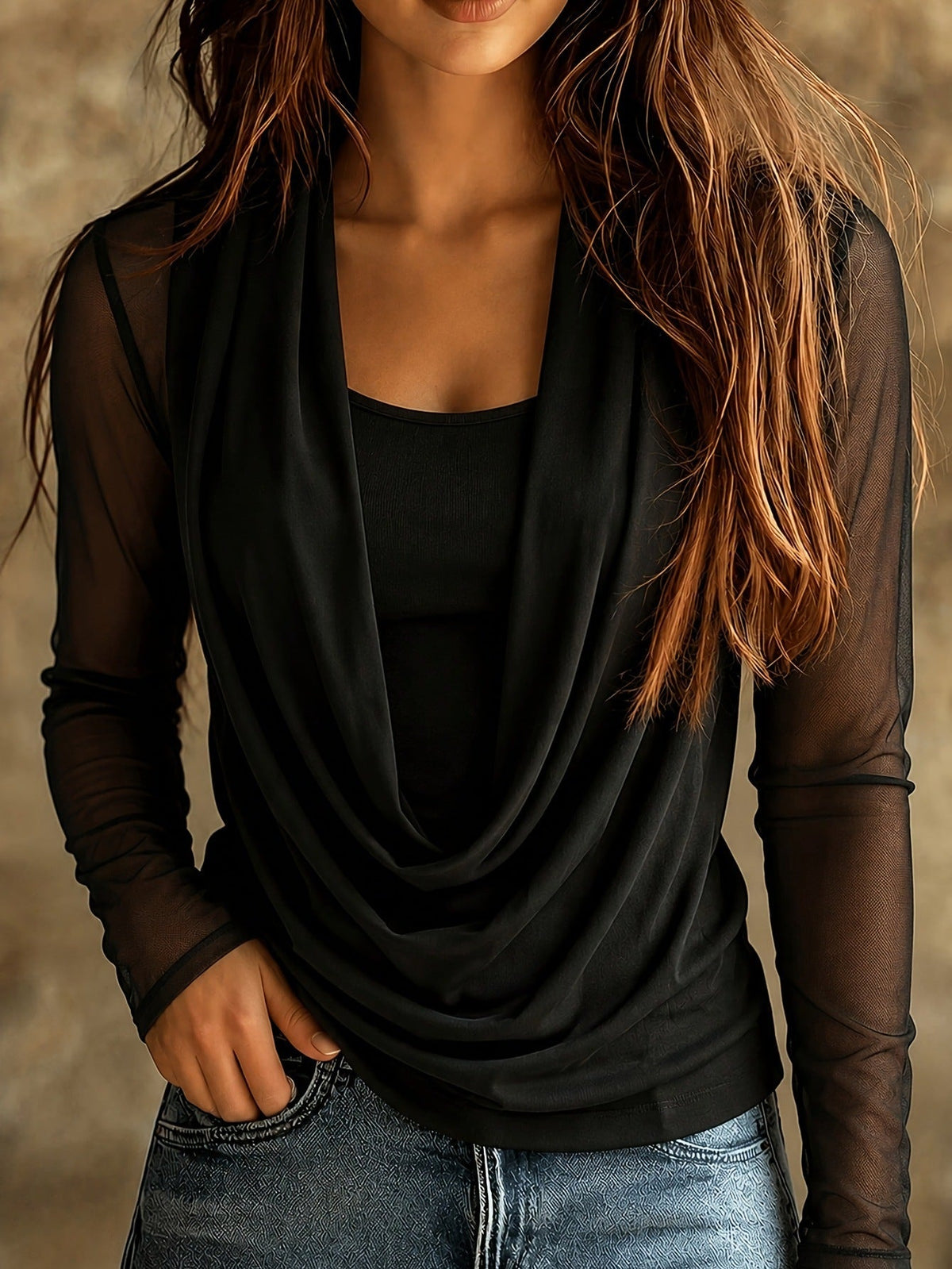 Women's Draped Cowl Neck Long Sleeve Mesh Blouse
