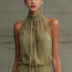 High-Neck Floral Chiffon Fringe Mini Dress