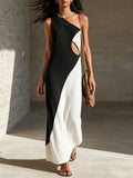 Block One Shoulder Cutout Textured Maxi Dress