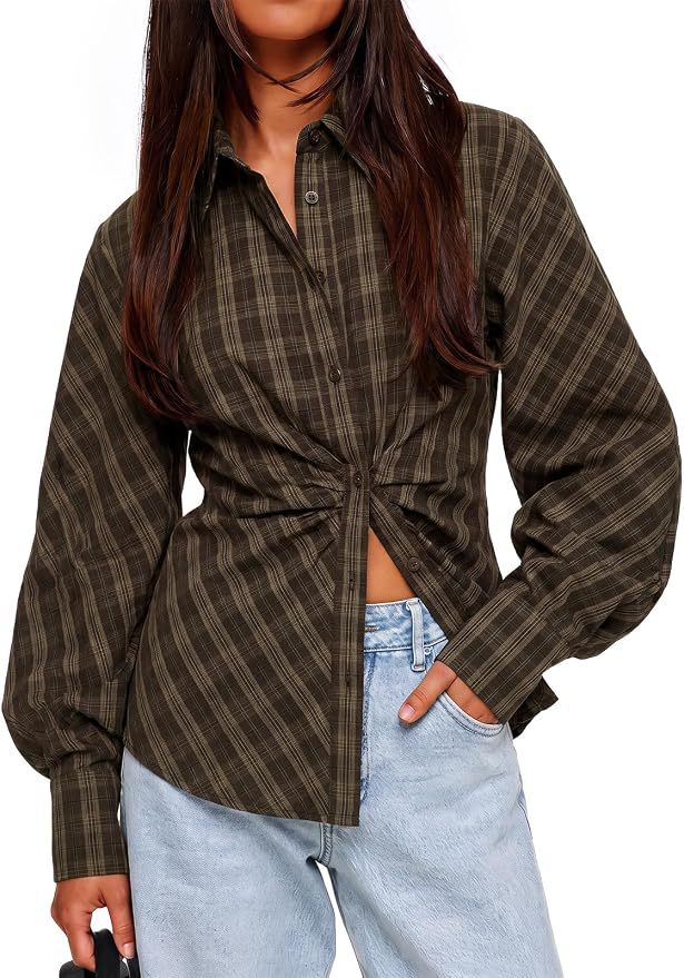 Vintage Brown Checkered Collared Long Sleeve Slim Fit Blouse