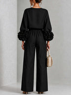 Pink Top Featuring Striking Floral Cuffs Paired With Wide-leg Pants Suit - Matching Sets