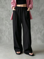 Elastic Drawstring Waist Linen Blend Wide‑Leg Pants