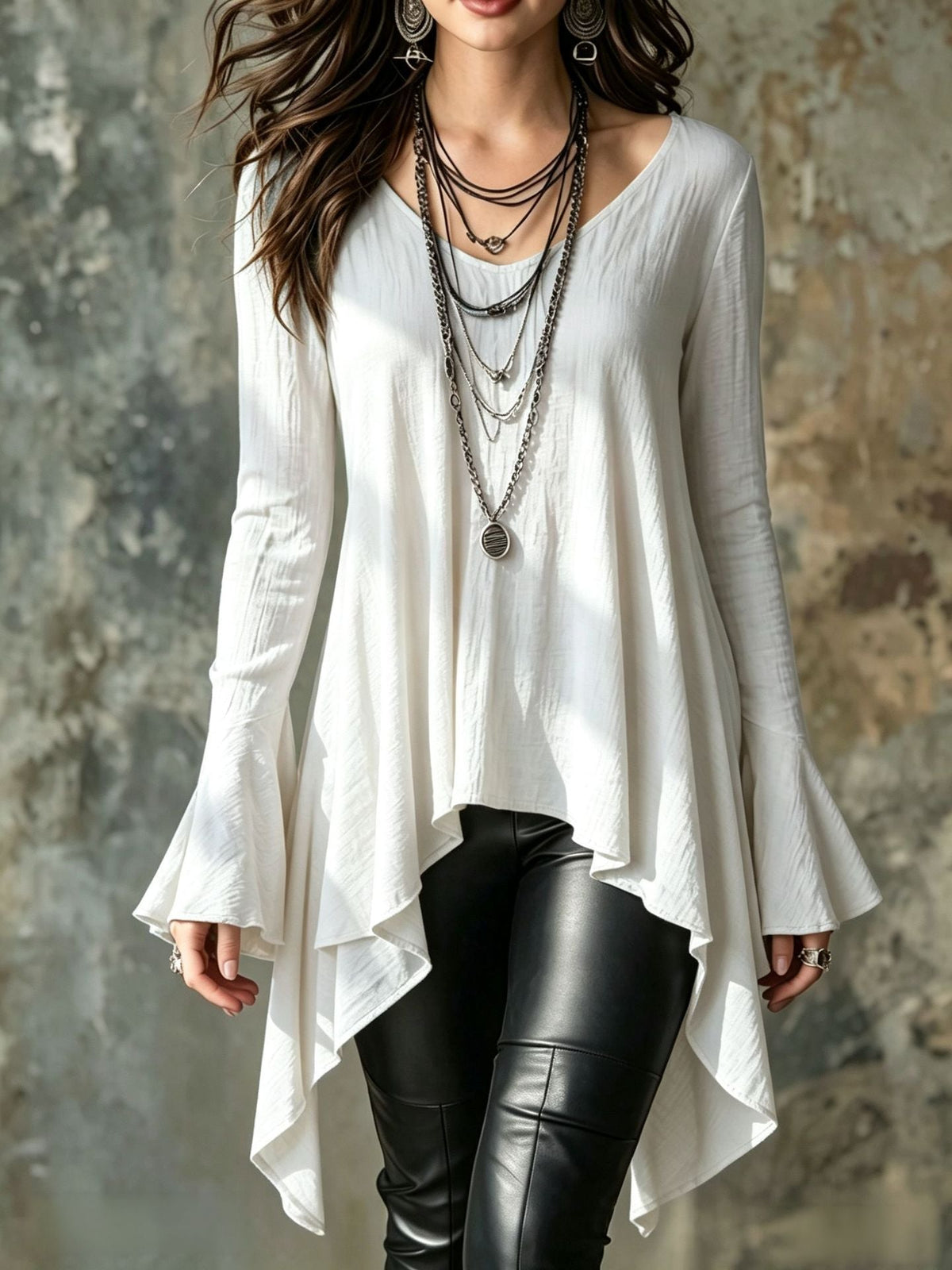 V-Neck Flare Long Sleeve Irregular Hem Tunic Top