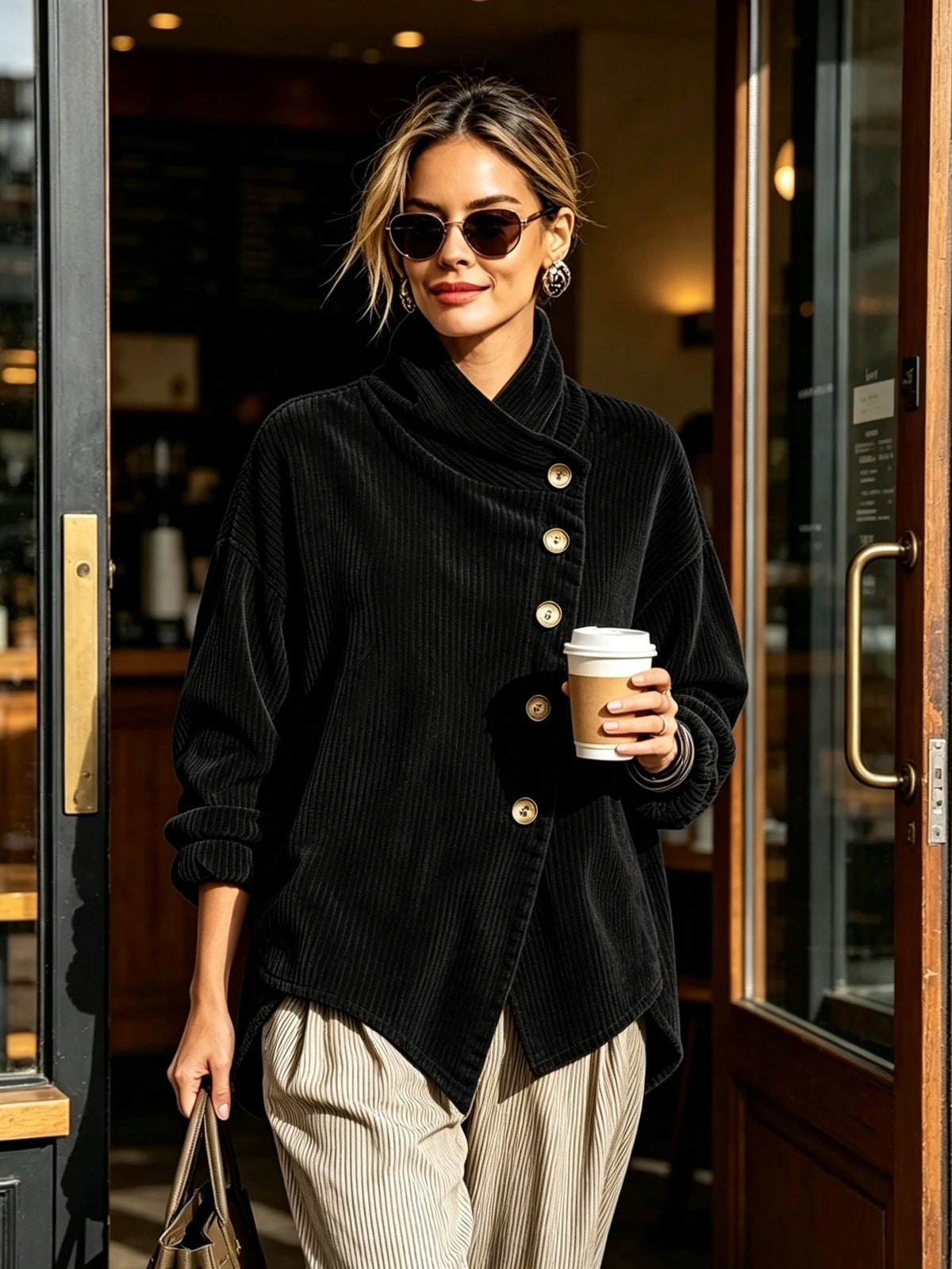 Chic High Funnel Neck Asymmetric Corduroy Top