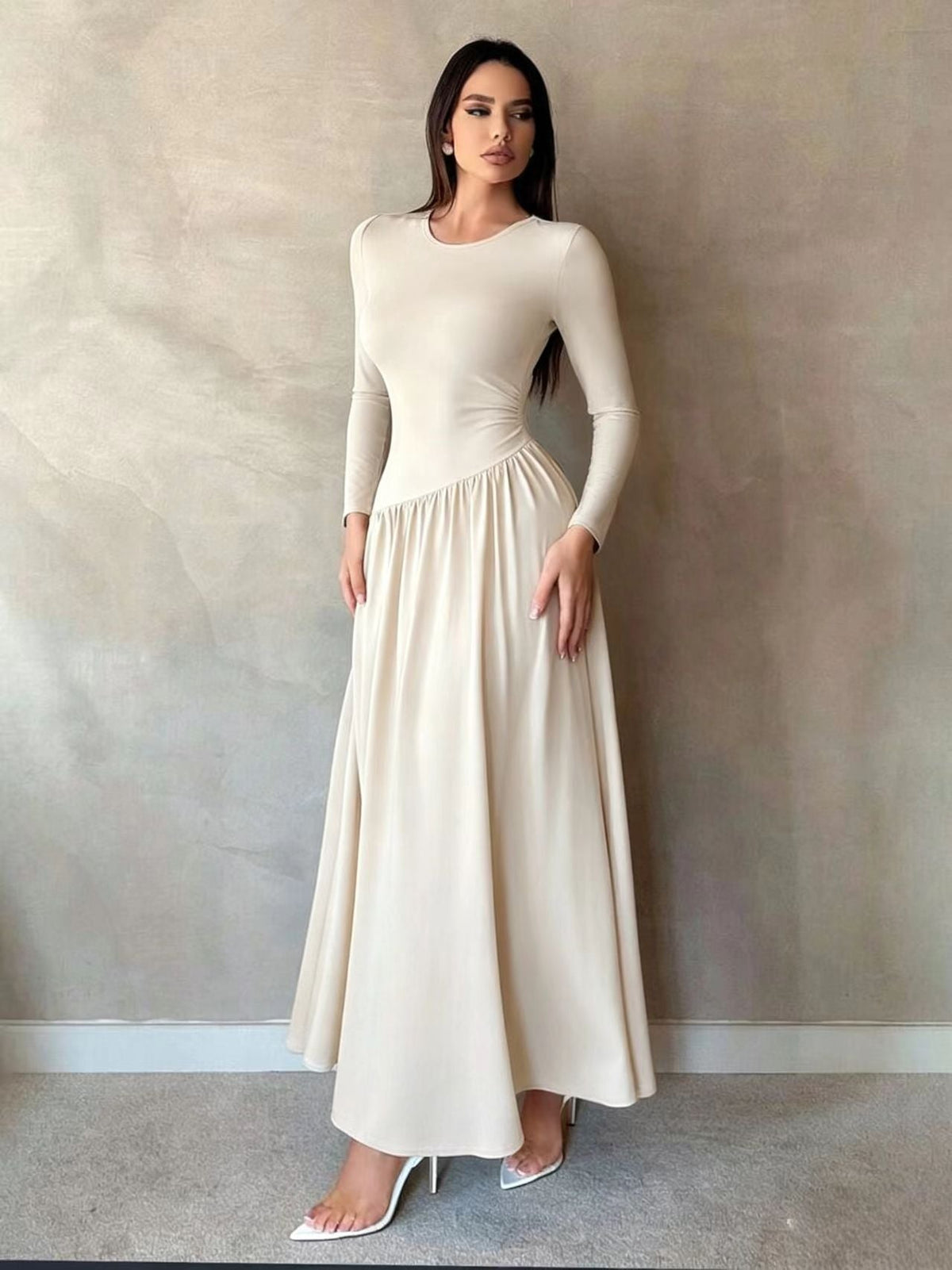 Ruched Waist Long Sleeve Maxi Dress