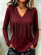 Vintage Elegant Cotton Blend Patchwork Fringed T-shirt
