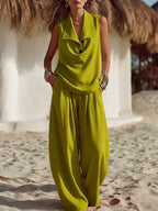 Sleeveless Collar Top & Wide Leg Vacation Pants
