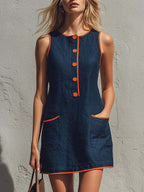Sleeveless Button Front Casual Mini Dress with Pockets