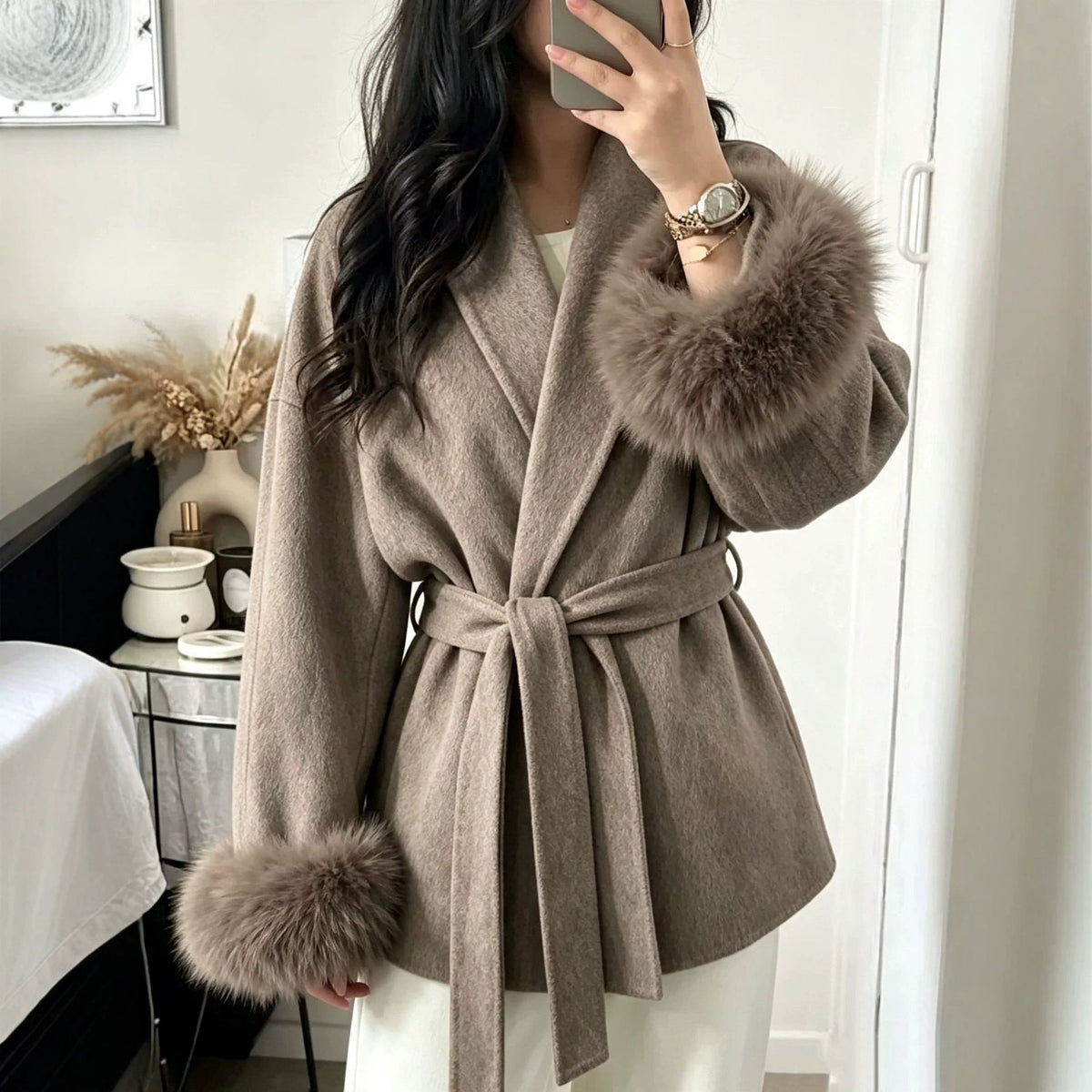 Cozy Belted Wrap Coat with Plush Fur Cuffs