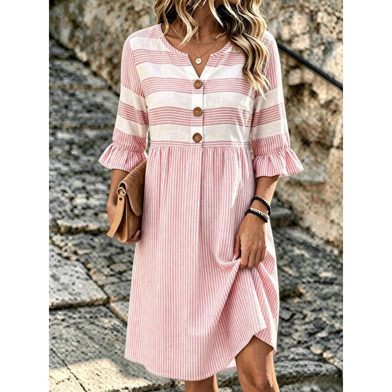 Women's Striped Notch Neck Button Front Midi Dress