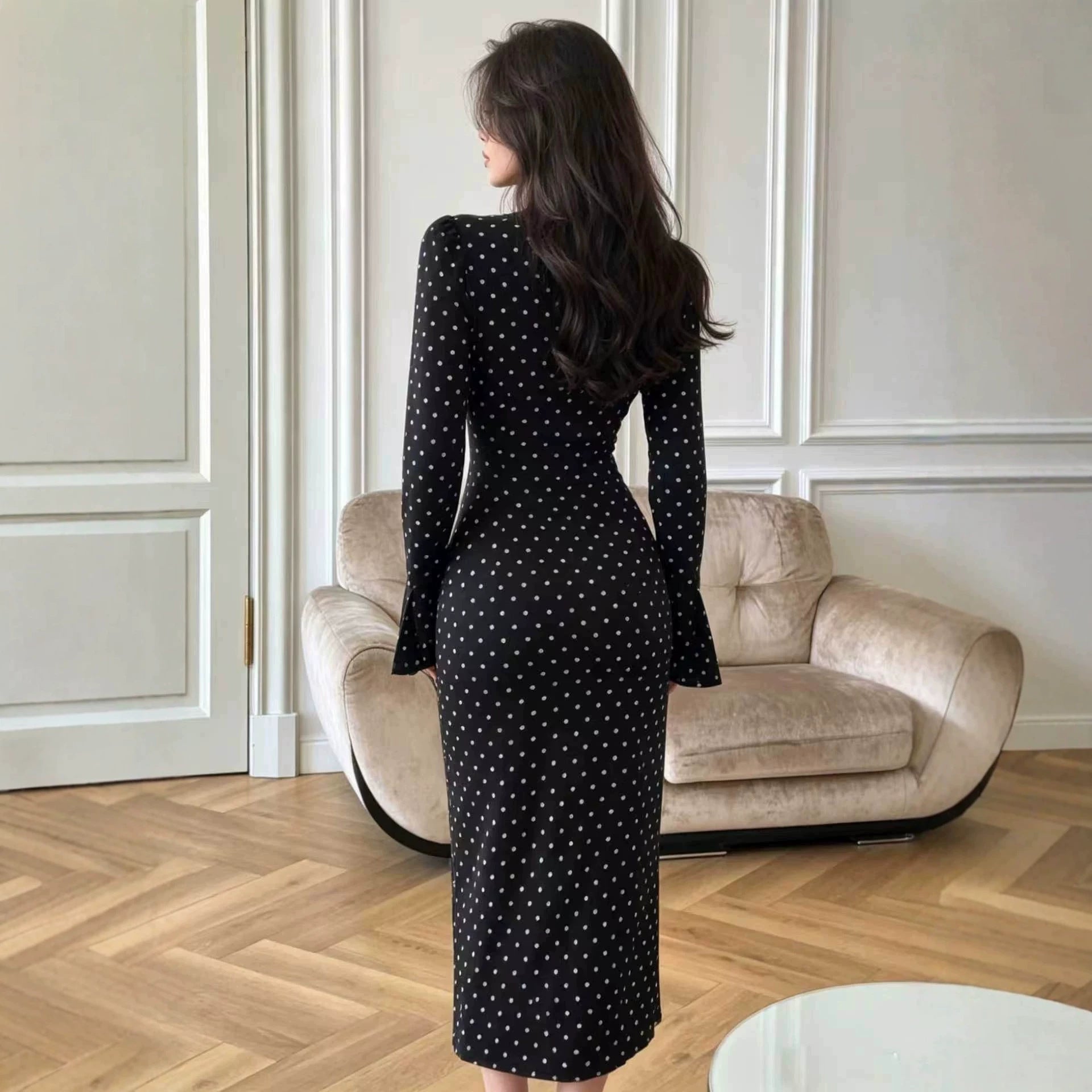 Polka‑Dot Lace Trim Long Sleeve Midi Dress
