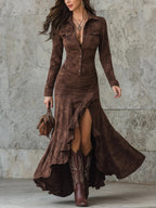 Stand Collar V‑Neck Linen Blend Midi Dress with Pockets