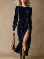 Velvet Ruched Side?Slit Long?Sleeve Midi Dress