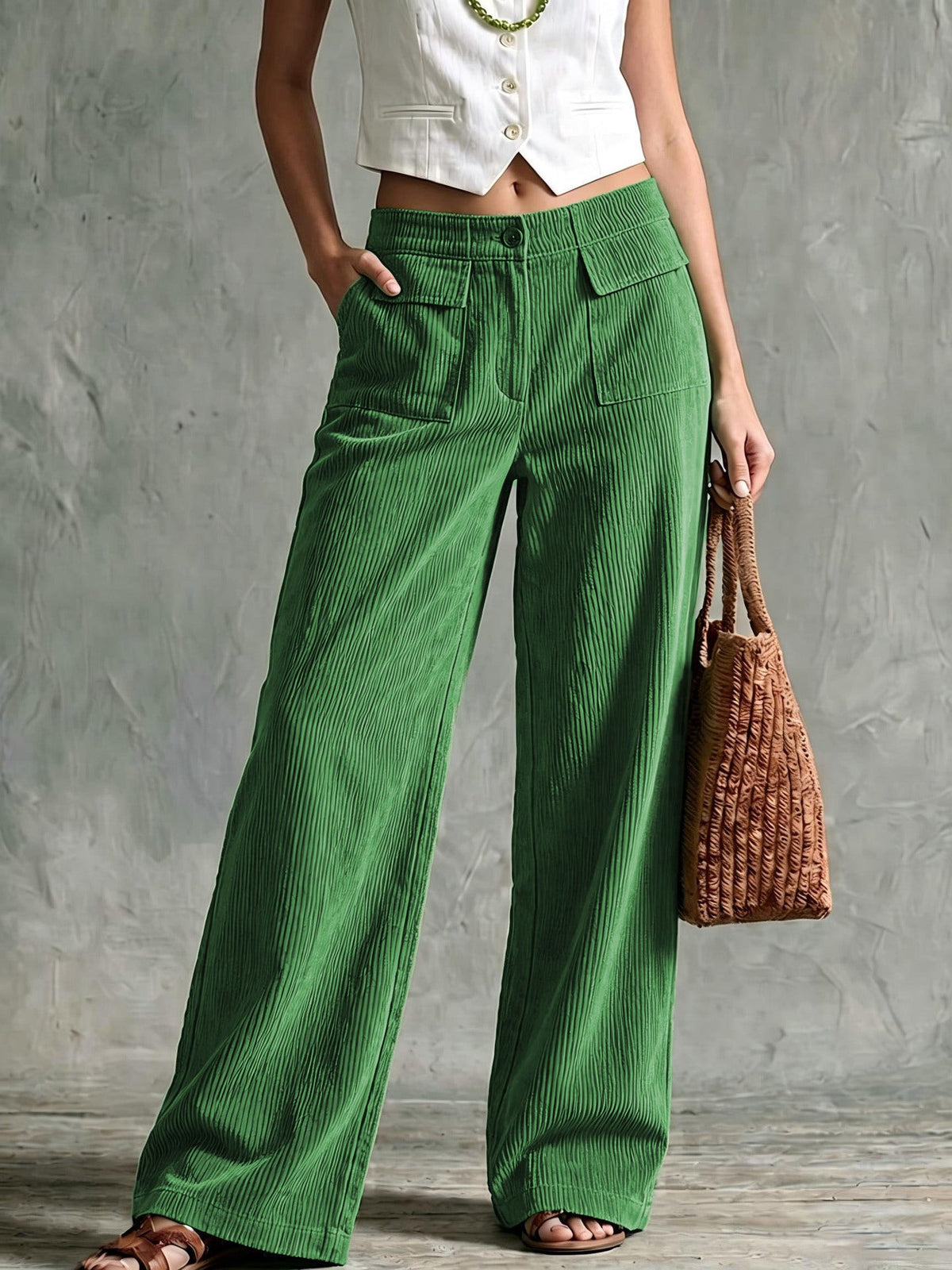 Women's Solid Ribbed Front Patch Pocket High Waist Wide Leg Long Pants