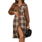 Corduroy Plaid Patchwork Belted Shirt Midi Dress