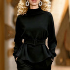 Mock Neck Peplum Top with Belt – Elegant Long Sleeve Blouse