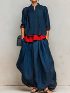 Women's Linen Two Piece Set Stand Collar Long Sleeve Top & Wide Leg Maxi Pants