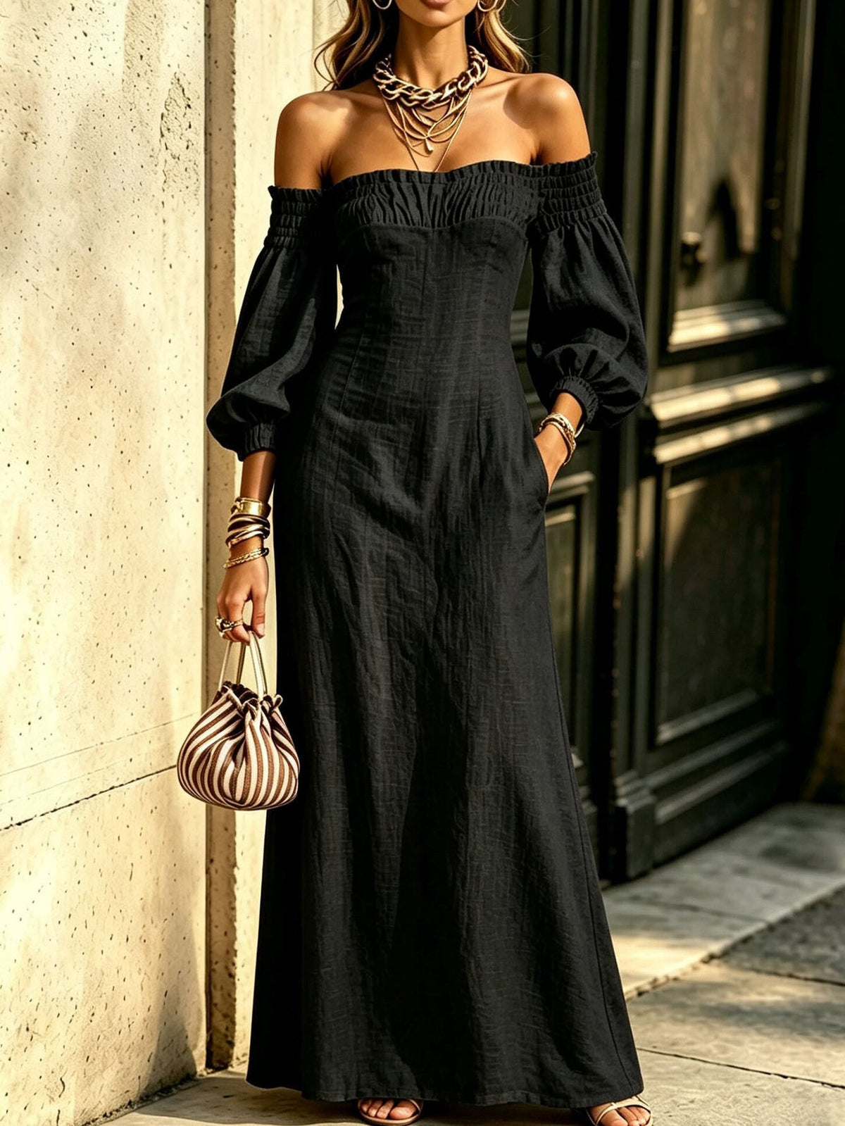 Off?The?Shoulder Puff?Sleeve Linen?Blend Maxi Dress
