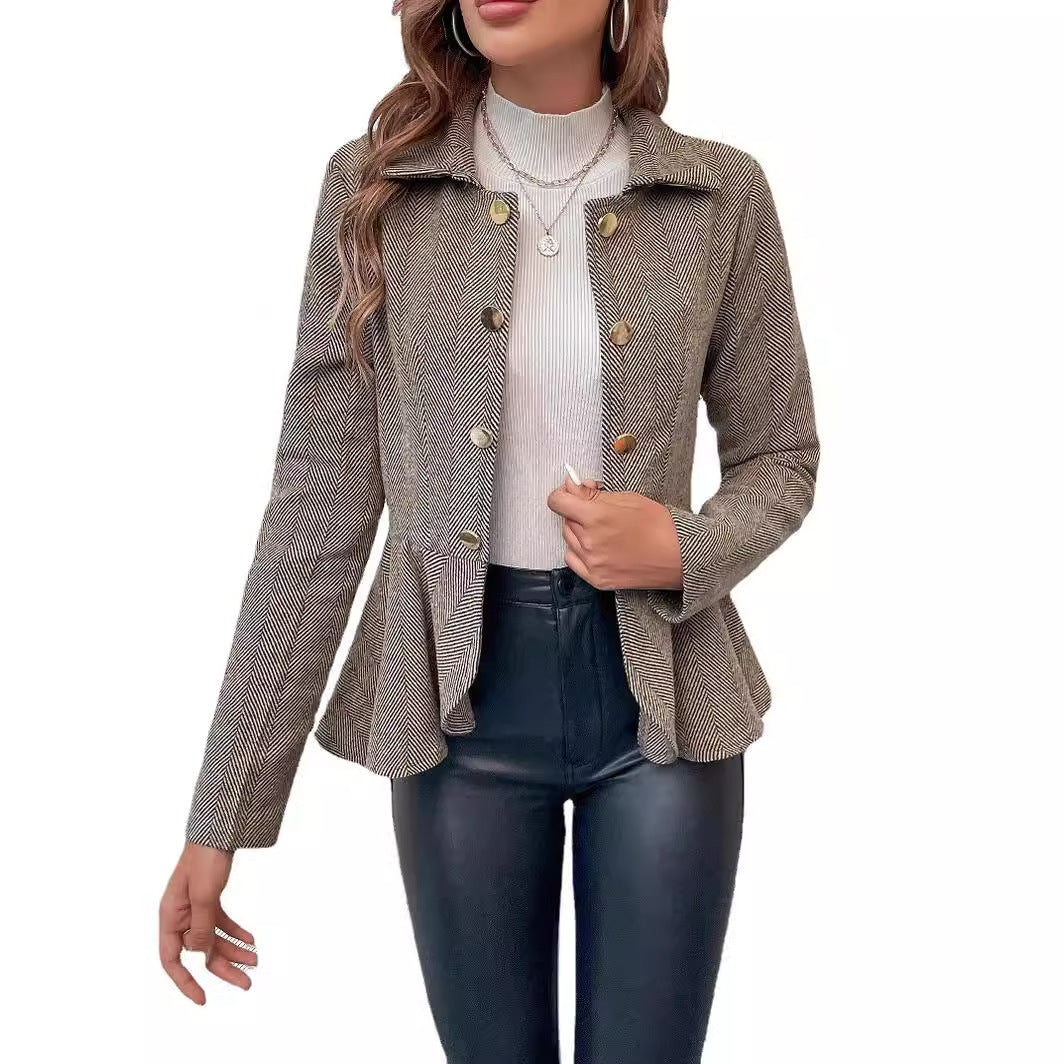 Herringbone Peplum Button?Front Collared Jacket
