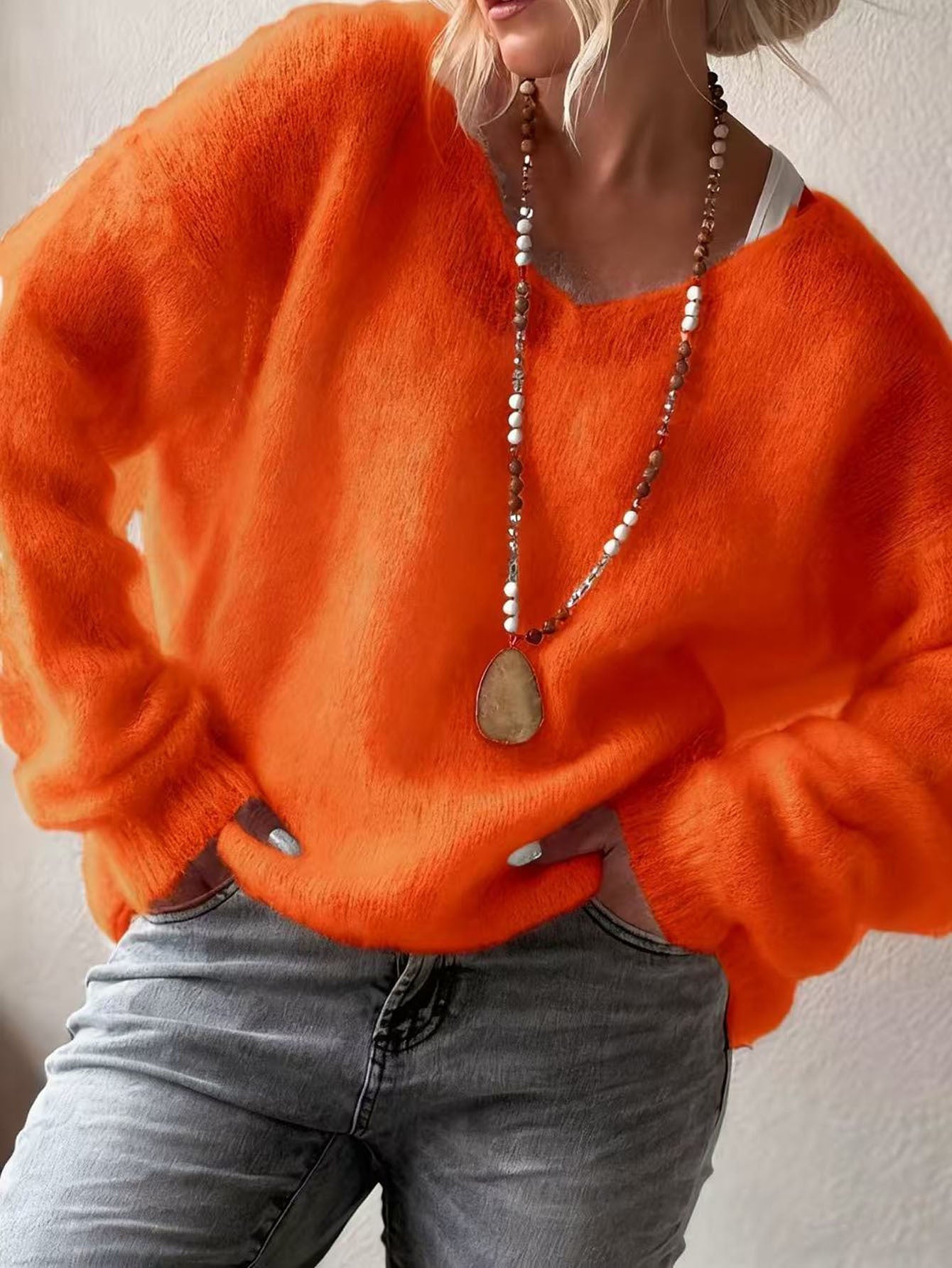Oversized V‑Neck Drop Shoulder Fuzzy Knit Long Sleeve Loose Fit Pullover Sweater