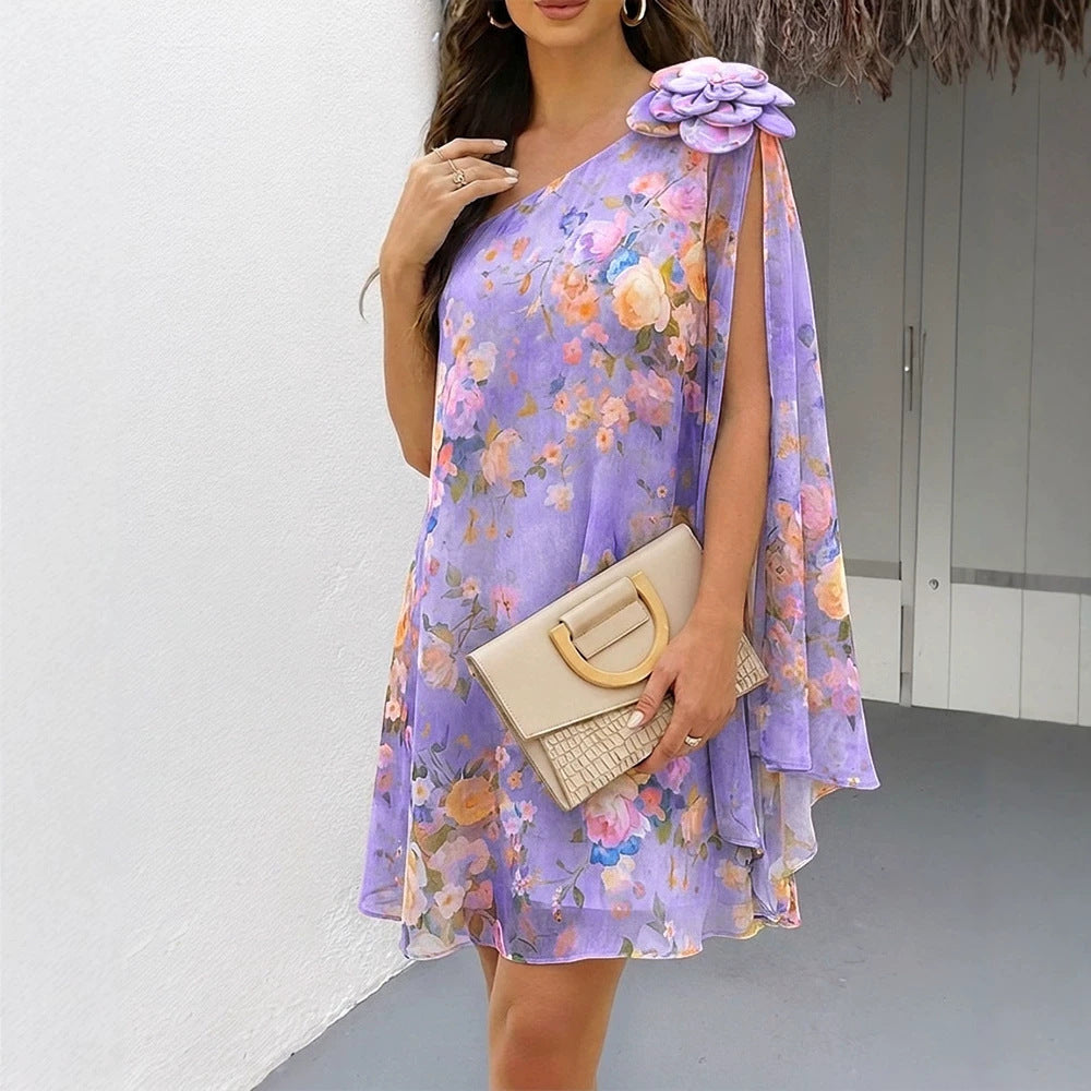 Women's One Shoulder Chiffon Mini Dress with Floral Applique and Cape Sleeve