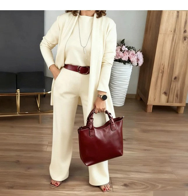 Women's Solid Color Round Neck Long-Sleeved 3-Piece Set