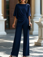 Women's Solid Boat Neck Batwing Sleeve Draped Top & Wide Leg Pants 2 Piece Jumpsuit Set