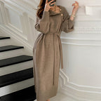 Asymmetric Button Batwing Sleeve Belted Knit Midi Dress