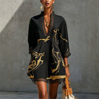 Black Gold Printed V-neck Crochet Lace Mini Dress