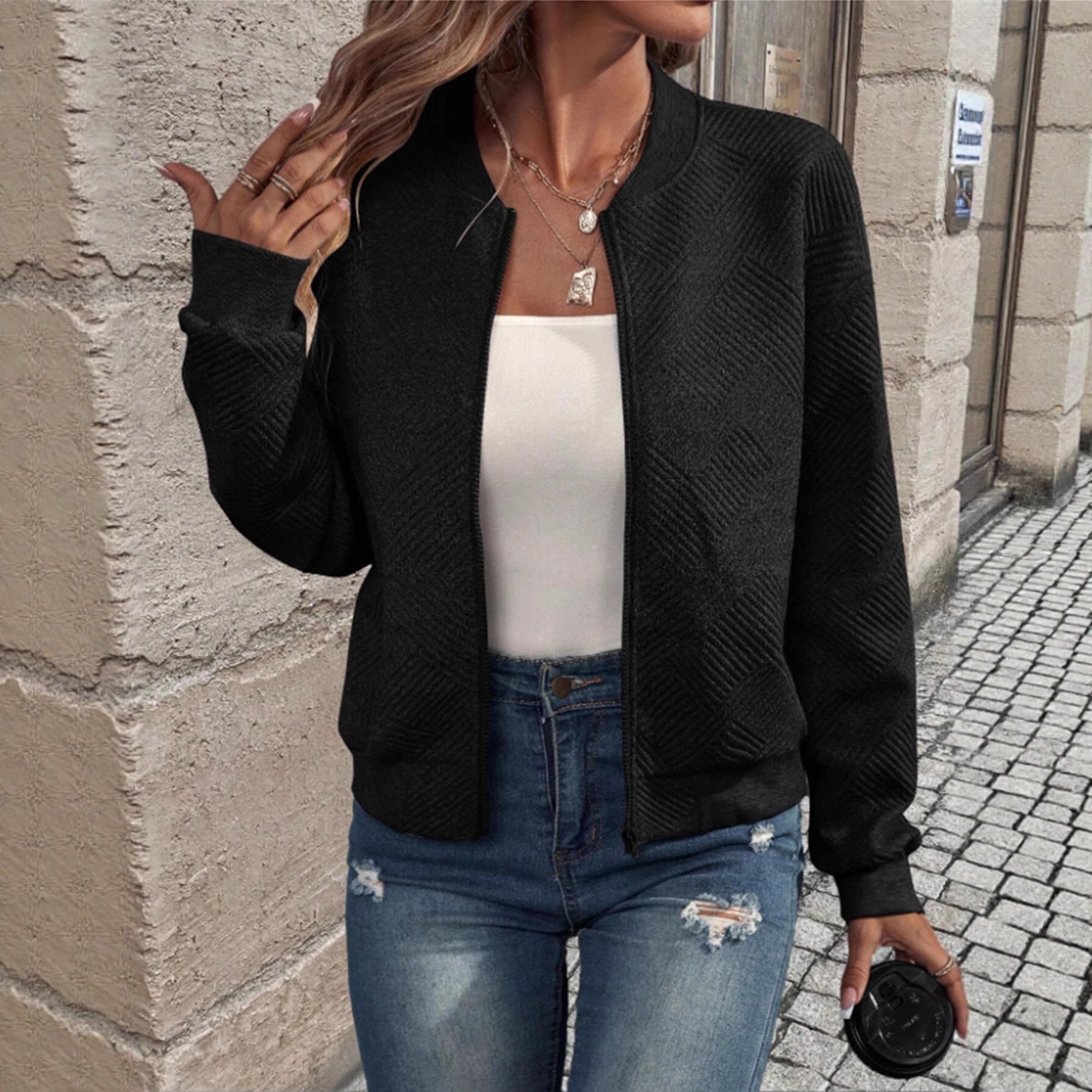 Herringbone Textured Zip‑Up Bomber Knit Jacket