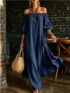 White Off‑Shoulder Balloon Sleeve Flowy Maxi Dress